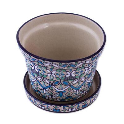 Kleines Pflanzgefäß und Untertasse aus Keramik, 'Guanajuato Azul'. - Kunsthandwerklich gefertigter Blumentopf und Untersetzer in Blau und Grün