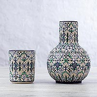 Juego de jarra y taza de cerámica, 'Green Valley' (par) - Juego de jarra y taza de cerámica de comercio justo de México (par)