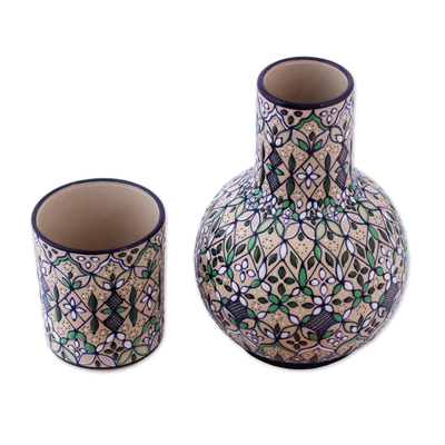 Ceramic carafe and cup set, 'Green Valley' (pair) - Fair Trade Ceramic Carafe and Cup Set from Mexico (Pair)