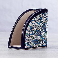 Ceramic napkin holder, 'Road to Guanajuato' - Ceramic Napkin Holder Handcrafted in Green and Blue