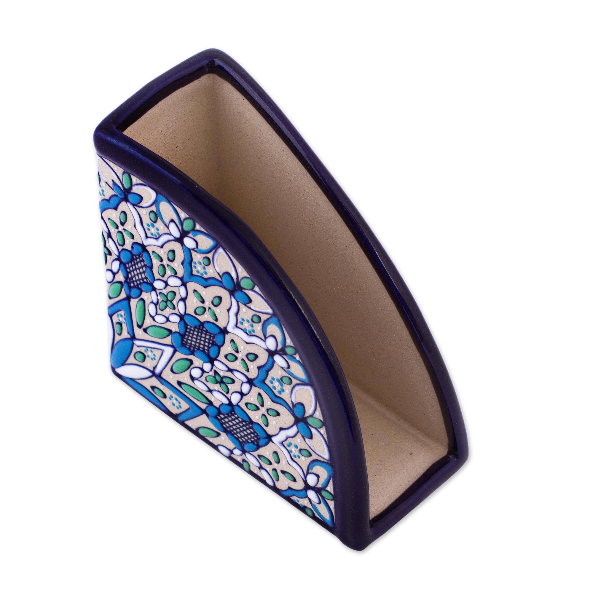 Ceramic Napkin Holder Handcrafted in Green and Blue Road to Guanajuato NOVICA