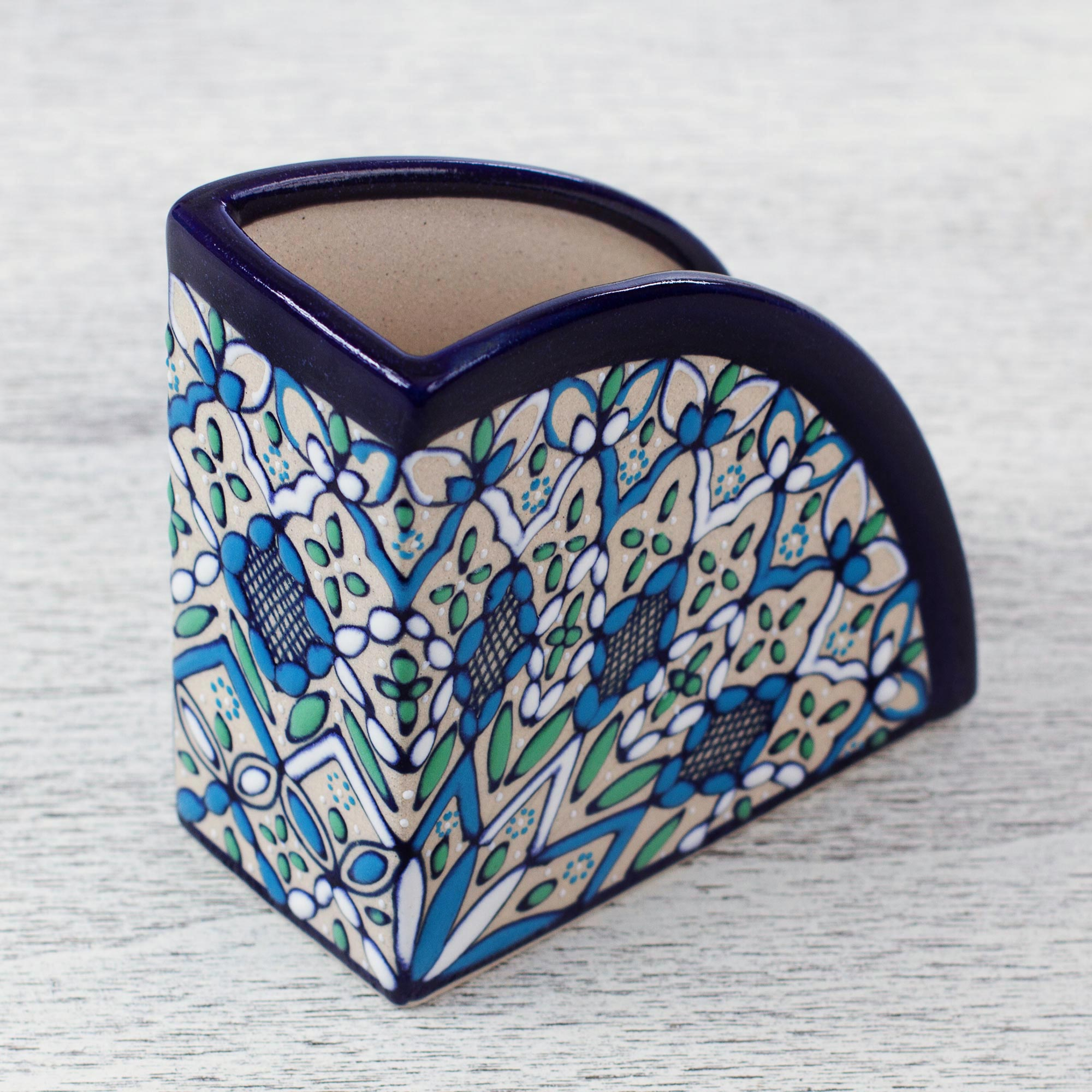 UNICEF Market Ceramic Napkin Holder Handcrafted In Green And Blue   P290405 2c 