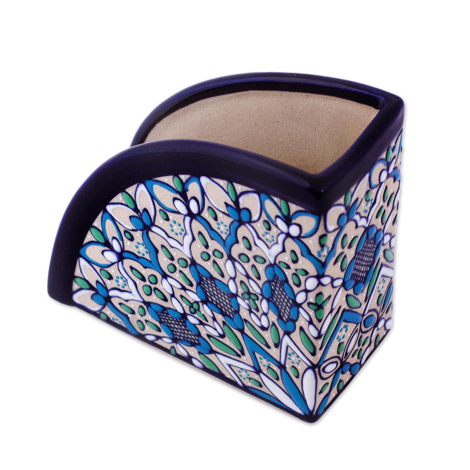 UNICEF Market Ceramic Napkin Holder Handcrafted In Green And Blue   P290405 2d 