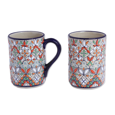 Keramikbecher, 'Verspielte Flora' - Mehrfarbige Keramiktasse, hergestellt in Mexiko