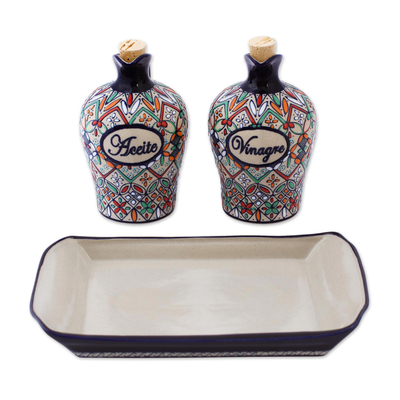 Ceramic oil and vinegar set, 'Flowers of Guanajuato' (3 pcs) - Elegant Hand Painted Oil and Vinegar Cruet Set (3 Pieces)