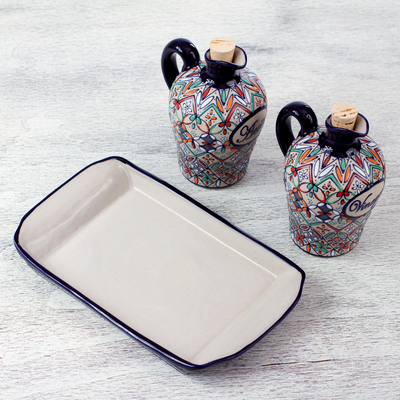 Öl- und Essig-Mengenset aus Keramik, (3 Stück) - Elegantes handbemaltes Öl- und Essig-Mengenset (3-teilig)