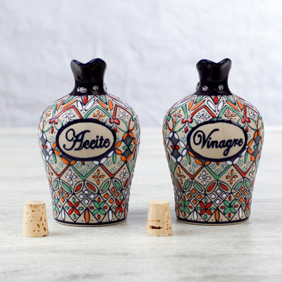 Ceramic oil and vinegar set, 'Flowers of Guanajuato' (3 pcs) - Elegant Hand Painted Oil and Vinegar Cruet Set (3 Pieces)