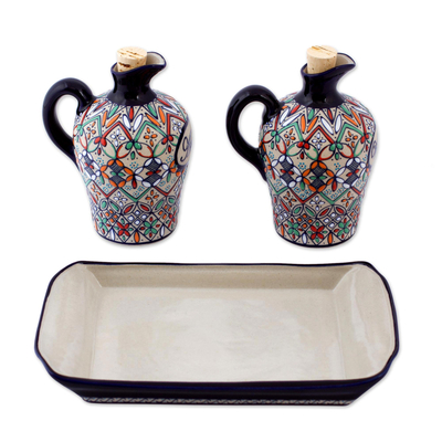 Öl- und Essig-Mengenset aus Keramik, (3 Stück) - Elegantes handbemaltes Öl- und Essig-Mengenset (3-teilig)