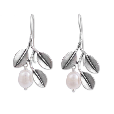 Cultured pearl dangle earrings, 'Iridescent Pears' - Dangle Earrings with Cultured Pearls and 925 Silver Leaves