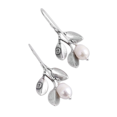 Aretes colgantes de perlas cultivadas - Pendientes Colgantes con Perlas Cultivadas y Hojas de Plata 925