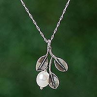 Cultured pearl pendant necklace, 'Iridescent Pear' - Mexican Necklace with Cultured Pearl and 925 Silver Leaves