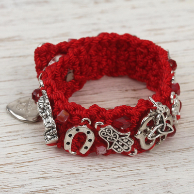 Macrame wristband bracelet, 'Crimson Luck' - Red Macrame Wristband Charm Bracelet from Mexico