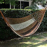 Hammock, 'Near the Sea' (double) - Handwoven Mayan Striped Double Hammock in Brown from Mexico