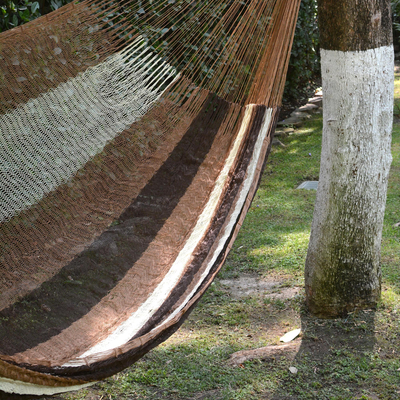 Hammock, 'Near the Sea' (double) - Handwoven Mayan Striped Double Hammock in Brown from Mexico