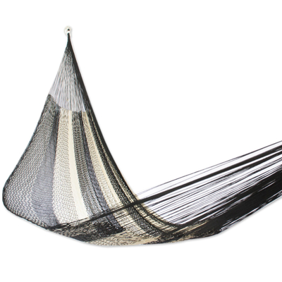 Hammock, 'Night Stripes' (double) - Handwoven Double Hammock in Black and Natural from Mexico