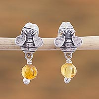 Sterling silver and amber earrings, 'Bee Sweet' - Sterling Silver Amber Honeybee Post Earrings Crafted Mexico