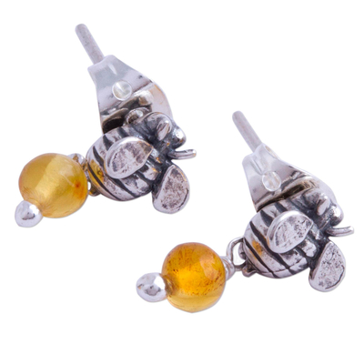 Sterling silver and amber earrings, 'Busy Bees' - Sterling Silver Amber Honeybee Post Earrings Crafted Mexico