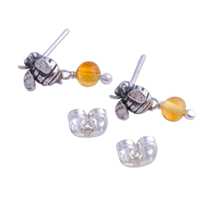Sterling silver and amber earrings, 'Bee Sweet' - Sterling Silver Amber Honeybee Post Earrings Crafted Mexico