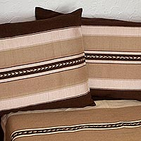 Cotton bedspread and pillowcases, 'Striped Traveler' (twin) - Cotton Bedspread and Pillowcases with Copper Stripes (Twin)