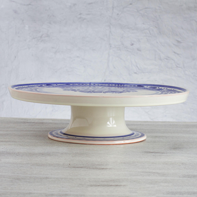 Majolica ceramic cake stand, 'Floral Tradition' (14 inch) - Handcrafted Majolica Floral Ceramic Cake Stand (14 Inch)