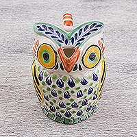 Ceramic creamer, 'Night Bird' - Handcrafted Majolica Ceramic Owl Creamer from Mexico