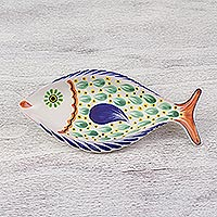 Ceramic platter, 'Folkloric Fish' (11 inch) - Painted Talavera Style Fish Platter (11 Inch) from Mexico
