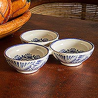Ceramic serving dish, 'Floral Tradition' (triple) - Floral Majolica Ceramic Triple Serving Dish from Mexico
