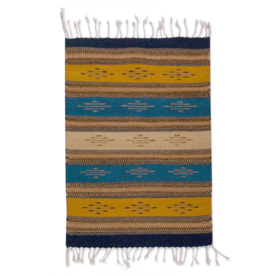 Wool area rug, 'Countryside Freedom' (2x3) - Handwoven 2x3 Wool Area Rug in Navy and Sunrise from Mexico
