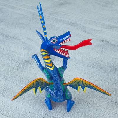 Wood alebrije figurine, 'Happy Dragon' - Hand-Painted Wood Dragon Alebrije from Mexico