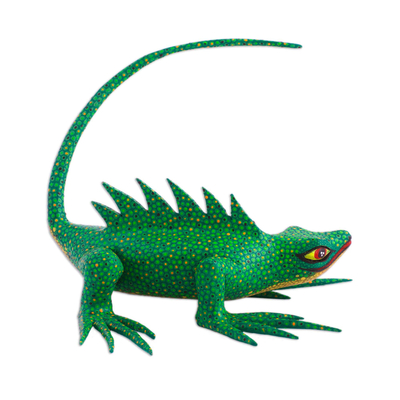 estatuilla de madera - Figura de lagarto verde pintada a mano, de México