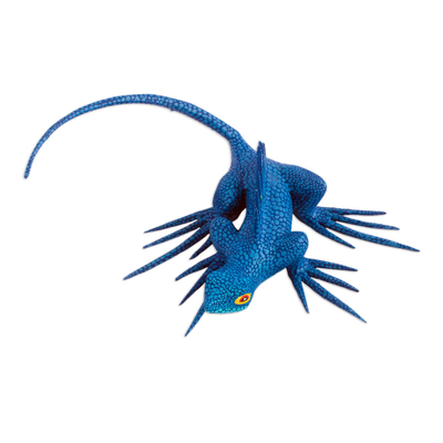 Alebrije de madera, 'Lagarto Folclórico en Azul' - Figura de alebrije de lagarto azul pintada a mano de México