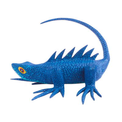 Wood alebrije, 'Folkloric Lizard in Blue' - Hand-Painted Blue Lizard Alebrije Figurine from Mexico