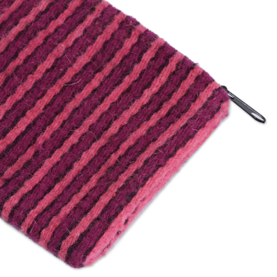 Wool coin purse, 'Striped Companion' - Striped Wool Coin Purse in Carnation and Magenta from Mexico