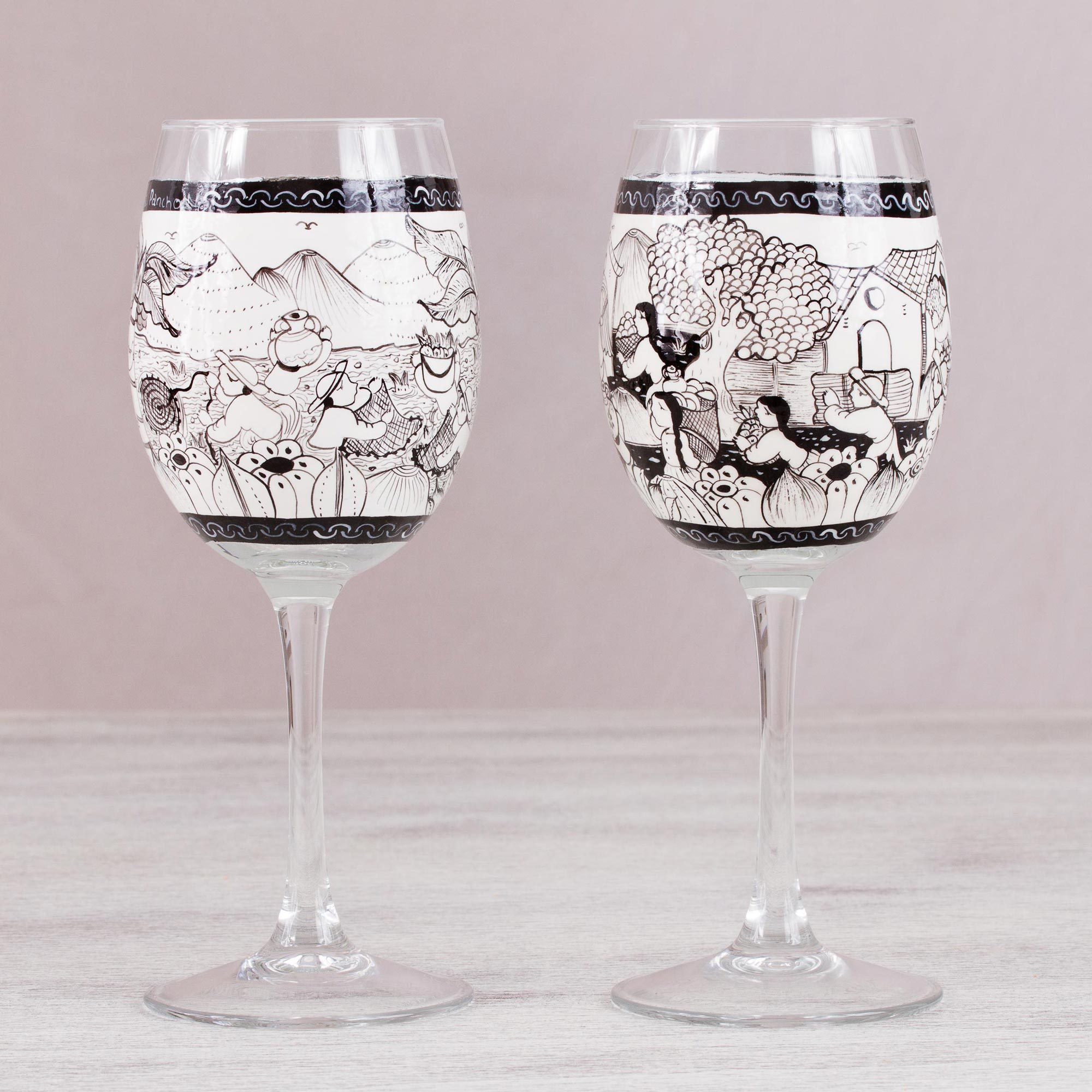 Two Hand Painted Village Themed Wine Glasses From Mexico Cup Of