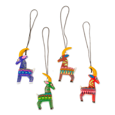 Holz Alebrije Ornamente, "Bunte Ziegen" (5er-Set) - Fünf handbemalte Alebrije-Ornamente in Ziegenform aus Mexiko