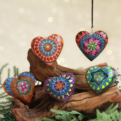 Wood mini ornaments, Alebrije Hearts (set of 5)
