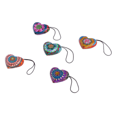 Wood mini ornaments, 'Alebrije Hearts' (set of 5) - Five Painted Heart-Shaped Alebrije Mini Ornaments