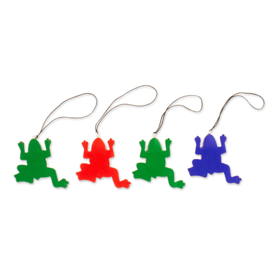 Wood alebrije ornaments, 'colourful Frogs' (set of 4) - Four Hand-Painted Frog Alebrije Ornaments from Mexico