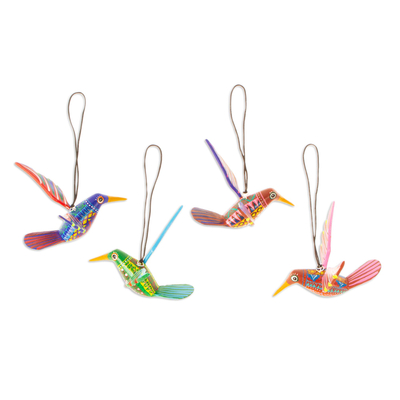 Holz-Alebrije-Ornamente, 'Kolibri-Schönheiten' (4er-Satz) - Vier handbemalte Kolibri-Alebrije-Ornamente aus Mexiko