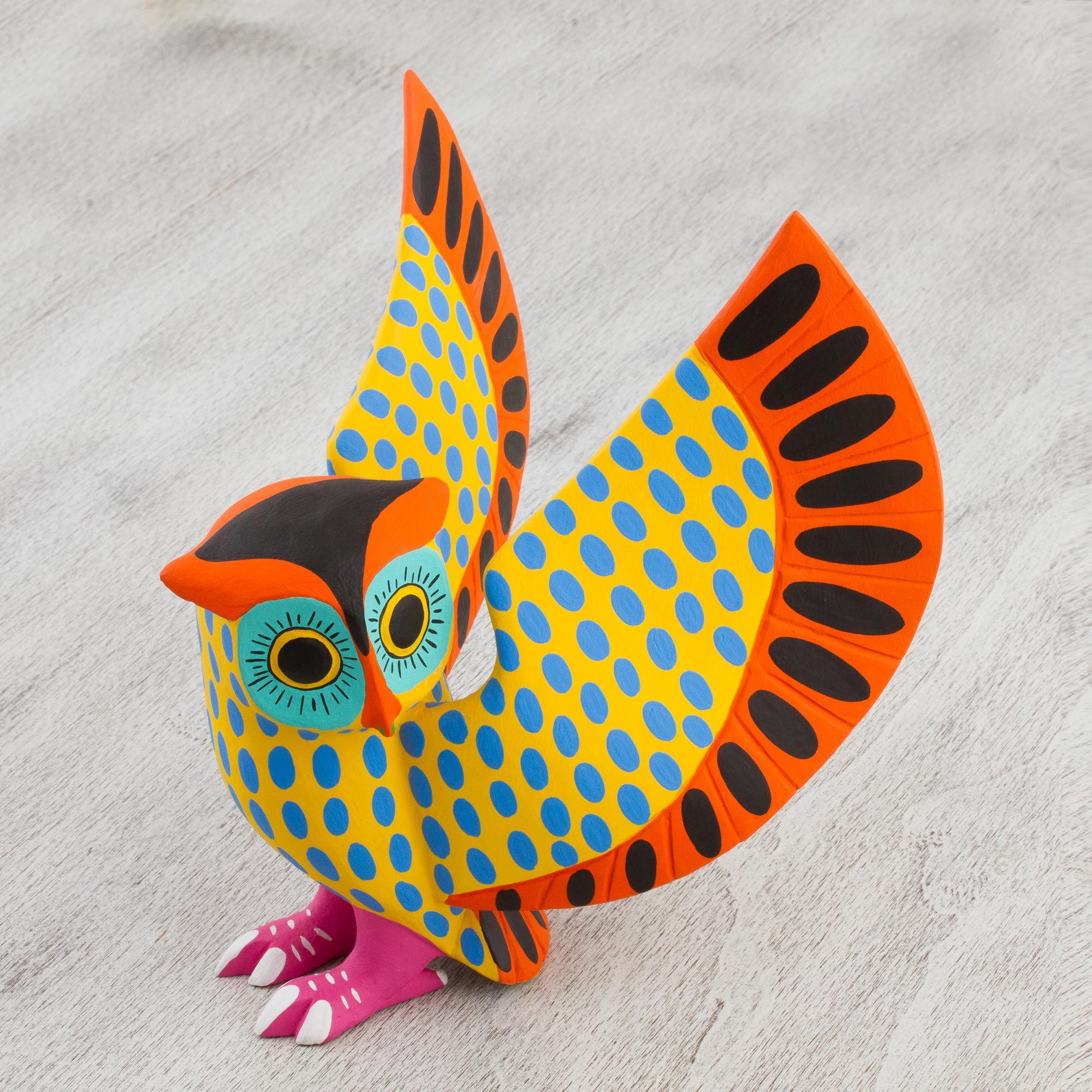 Hand-Painted Wood Owl Alebrije Sculpture from Mexico - Alert Owl | NOVICA