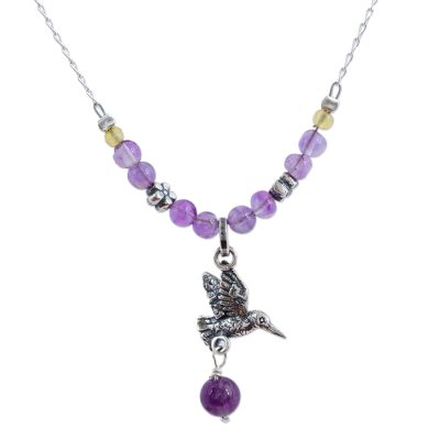 Amethyst and copal pendant necklace, 'Avian Tranquility' - Amethyst and Copal Hummingbird Pendant Necklace from Mexico