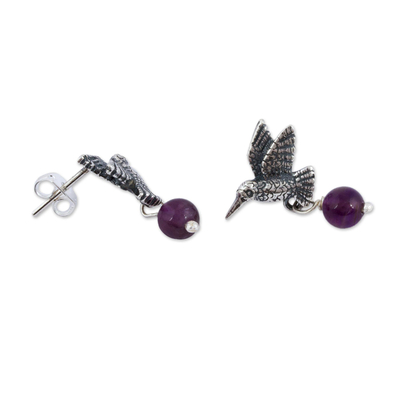Amethyst dangle earrings, 'Avian Tranquility' - Amethyst and Silver Bird Dangle Earrings from Mexico