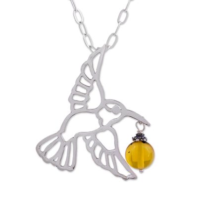 Copal pendant necklace, 'Flight of the Hummingbird' - Copal and Sterling Silver Hummingbird Necklace from Mexico
