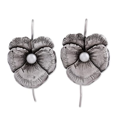 Cultured pearl drop earrings, 'Flowering Glow' - Cultured Pearl and Silver Floral Drop Earrings from Mexico
