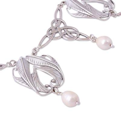 Cultured pearl waterfall necklace, 'Wonderful Dream' - Cultured Pearl Knot Motif Waterfall Necklace from Mexico
