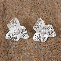 Cultured pearl button earrings, 'Pearl Bloom' - Sterling Silver and Cultured Pearl Flower Button Earrings