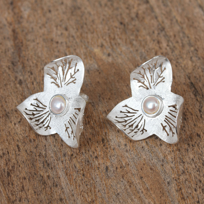 Cultured pearl button earrings, 'Pearl Bloom' - Sterling Silver and Cultured Pearl Flower Button Earrings
