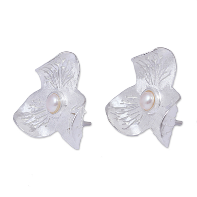 Aretes de perlas cultivadas - Aretes Botón Flor de Plata de Ley y Perlas Cultivadas