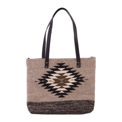 Wool and leather accent tote handbag, 'Memory of Mexico' - Beige Wool and Leather Accent Tote Handbag from Mexico