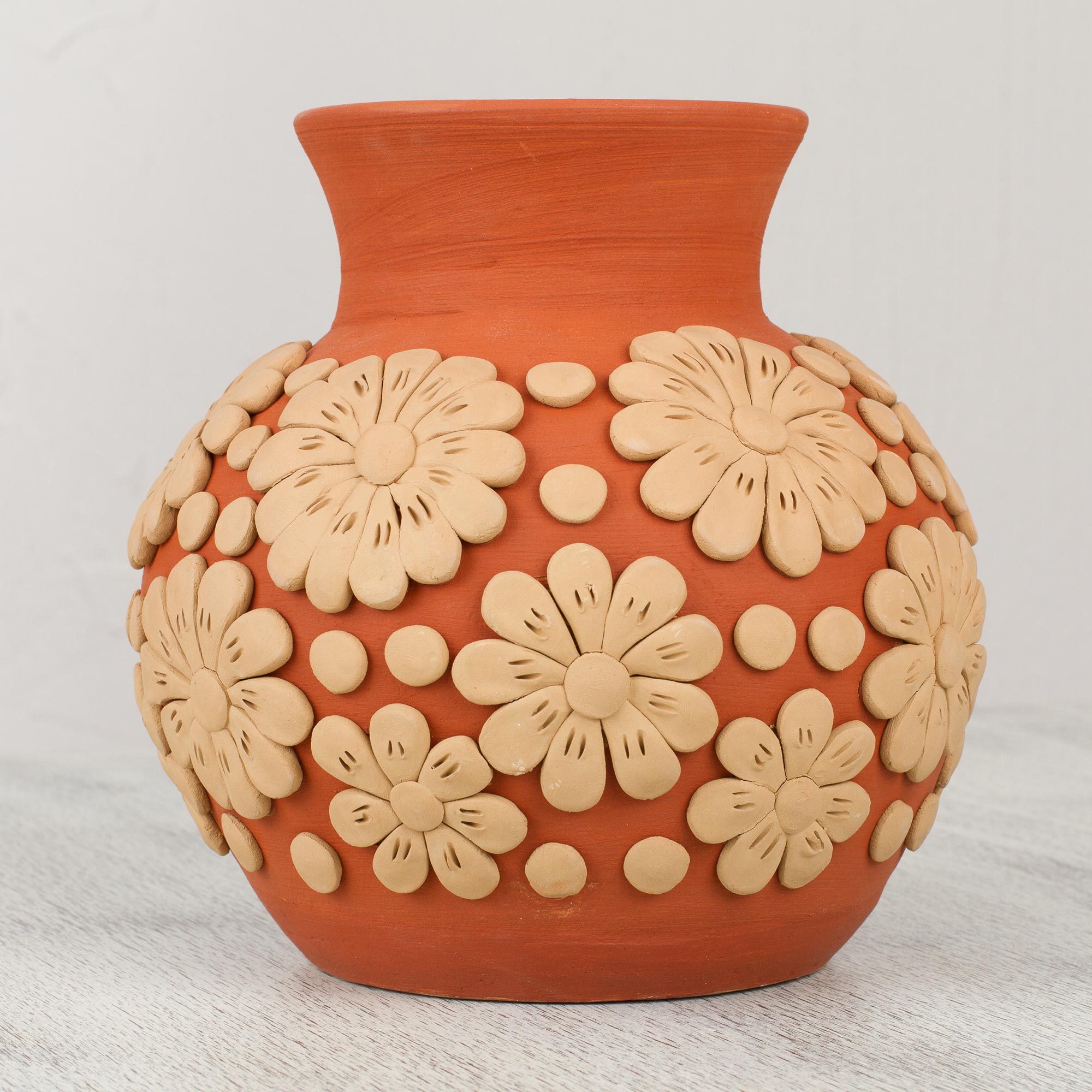 Handcrafted Ceramic Vase with Floral Design from Mexico Smell the